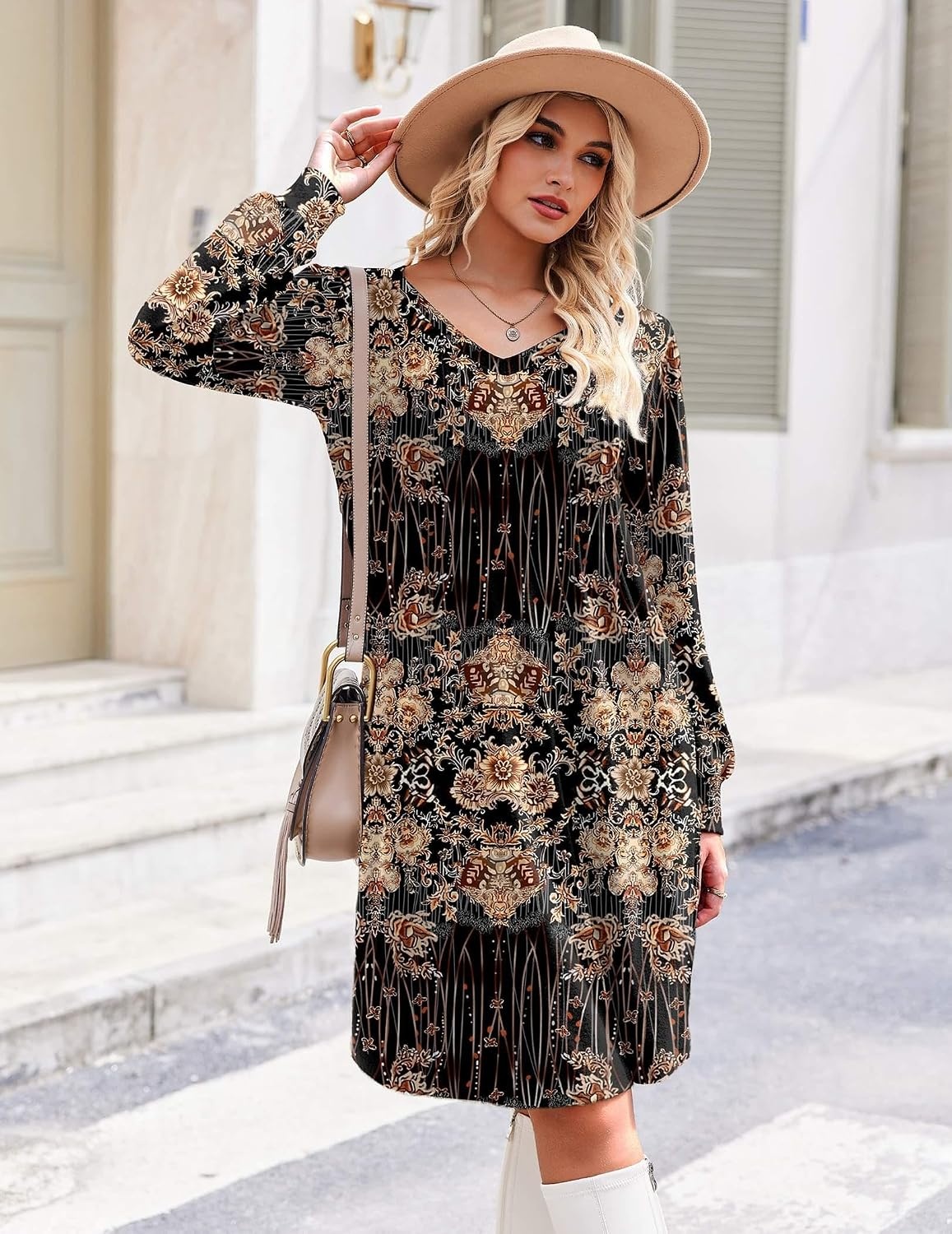 image:imageZeagoo Fall Dresses for Women Long Sleeve Casual Pleated V Neck Dress 2026 A Line Tunic DressBlack Printed