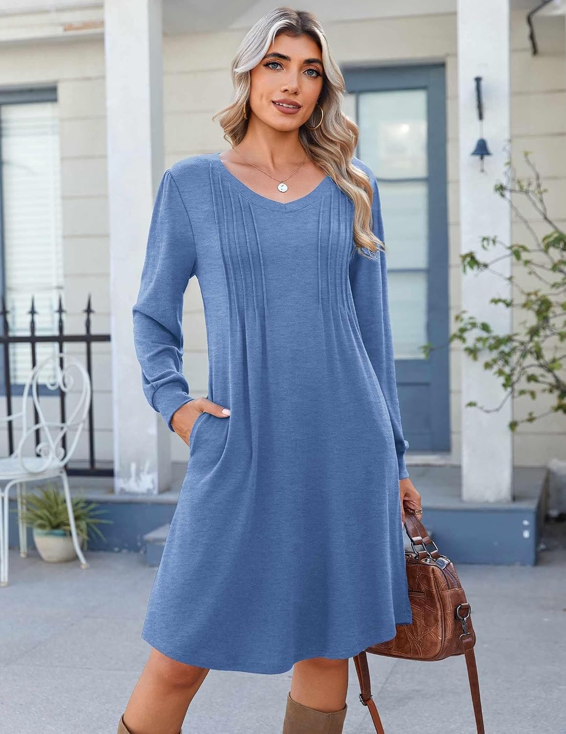 image:imageZeagoo Fall Dresses for Women Long Sleeve Casual Pleated V Neck Dress 2026 A Line Tunic DressBlue