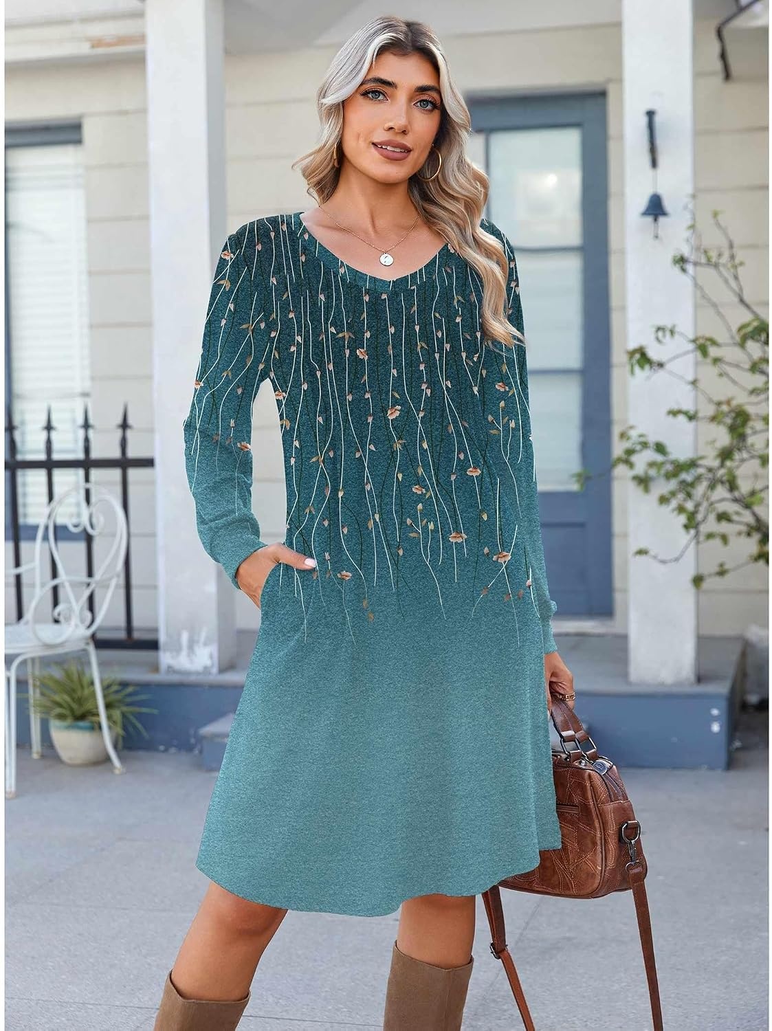 image:imageZeagoo Fall Dresses for Women Long Sleeve Casual Pleated V Neck Dress 2026 A Line Tunic DressBlue Green 01