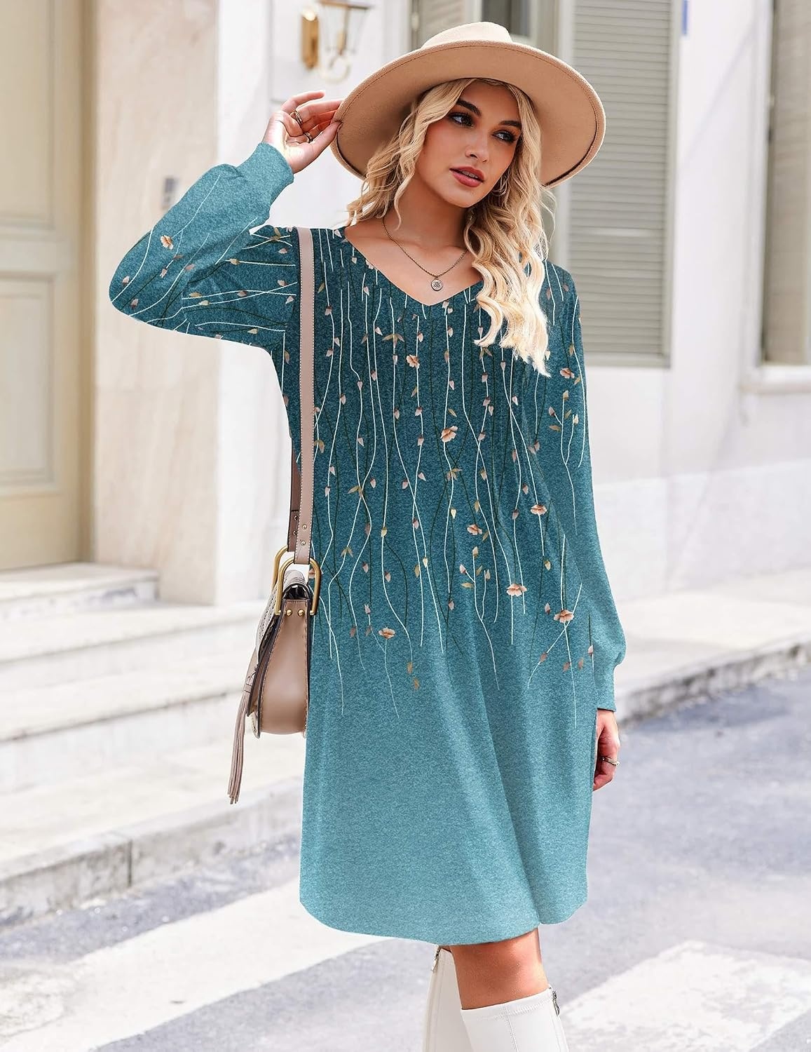 image:imageZeagoo Fall Dresses for Women Long Sleeve Casual Pleated V Neck Dress 2026 A Line Tunic DressBlue Green 01