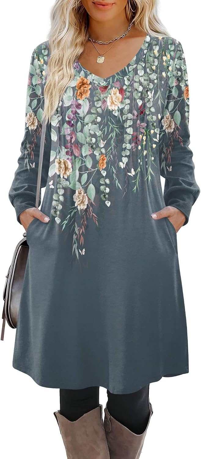 image:imageZeagoo Fall Dresses for Women Long Sleeve Casual Pleated V Neck Dress 2026 A Line Tunic DressBlue Green Floral