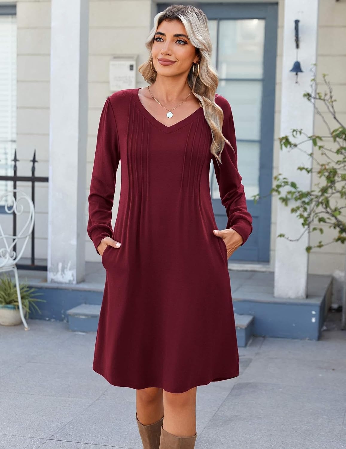image:imageZeagoo Fall Dresses for Women Long Sleeve Casual Pleated V Neck Dress 2026 A Line Tunic DressBurgundy