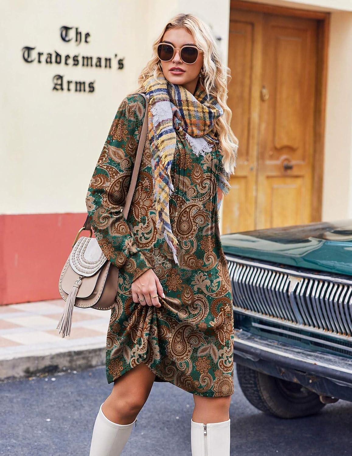 image:imageZeagoo Fall Dresses for Women Long Sleeve Casual Pleated V Neck Dress 2026 A Line Tunic DressC26 Boho Printed