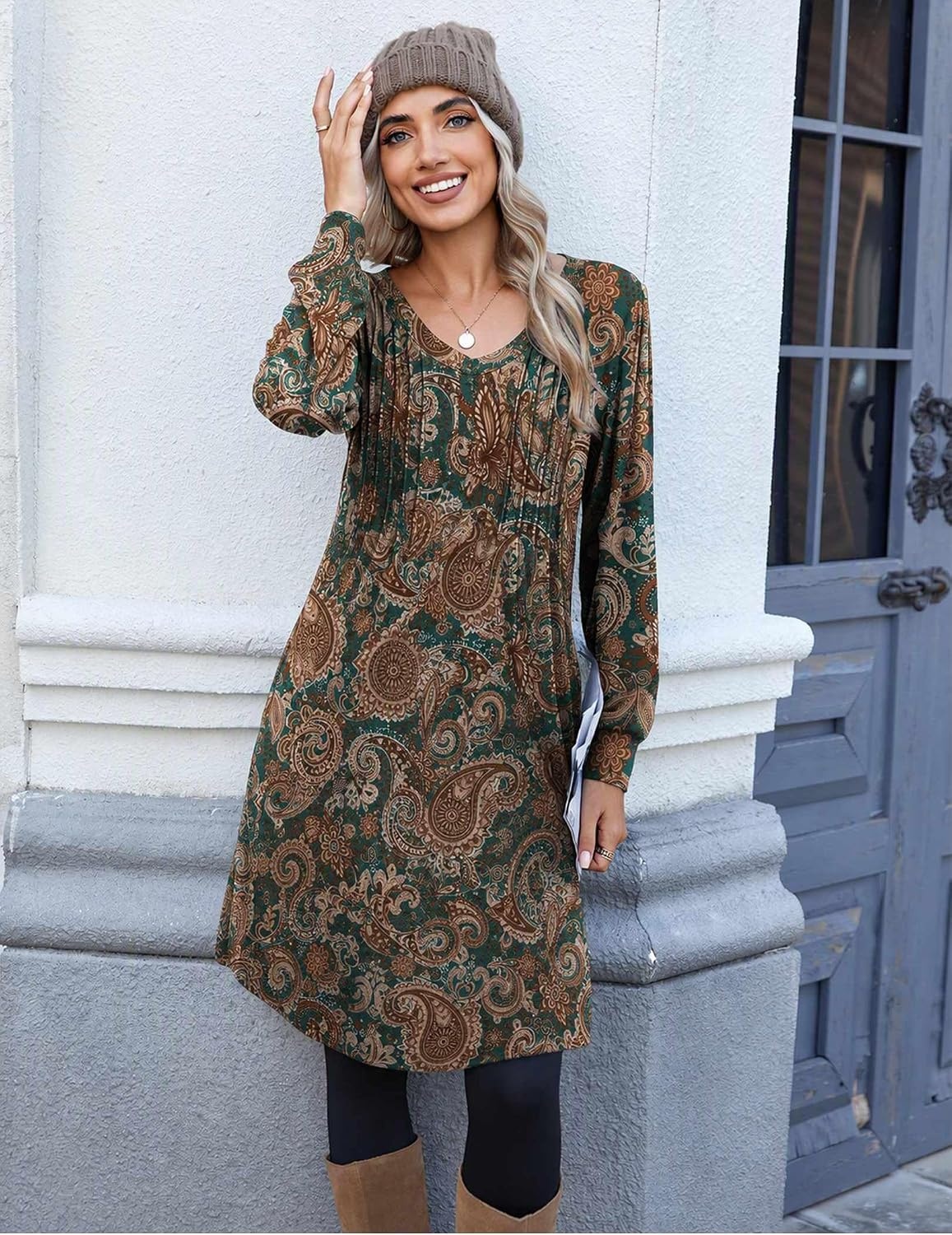 image:imageZeagoo Fall Dresses for Women Long Sleeve Casual Pleated V Neck Dress 2026 A Line Tunic DressC26 Boho Printed
