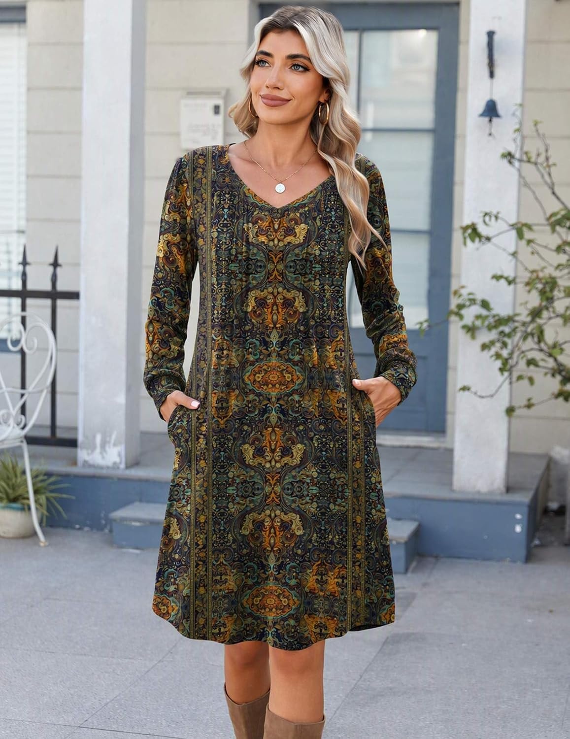 image:imageZeagoo Fall Dresses for Women Long Sleeve Casual Pleated V Neck Dress 2026 A Line Tunic DressC26 Chic Printed
