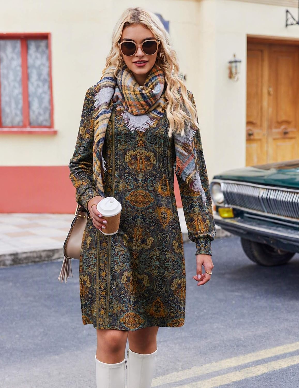image:imageZeagoo Fall Dresses for Women Long Sleeve Casual Pleated V Neck Dress 2026 A Line Tunic DressC26 Chic Printed