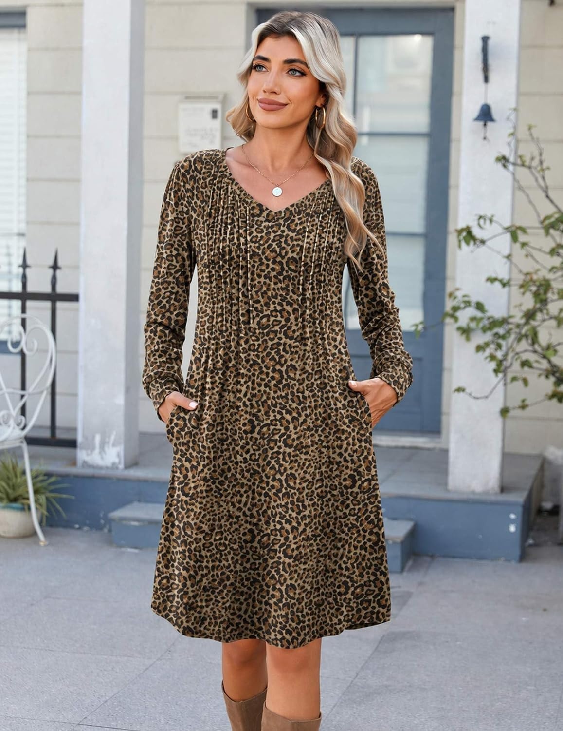 image:imageZeagoo Fall Dresses for Women Long Sleeve Casual Pleated V Neck Dress 2026 A Line Tunic DressC26 Leopard Print