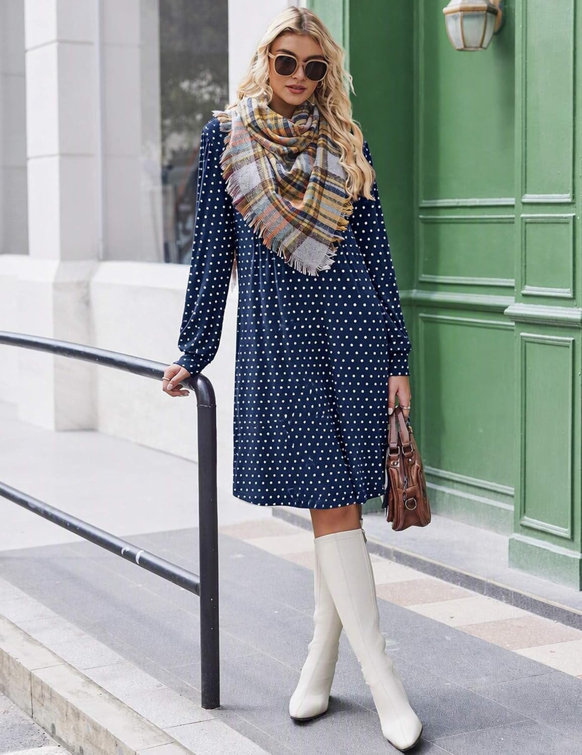 image:imageZeagoo Fall Dresses for Women Long Sleeve Casual Pleated V Neck Dress 2026 A Line Tunic DressC26 Navy Dot