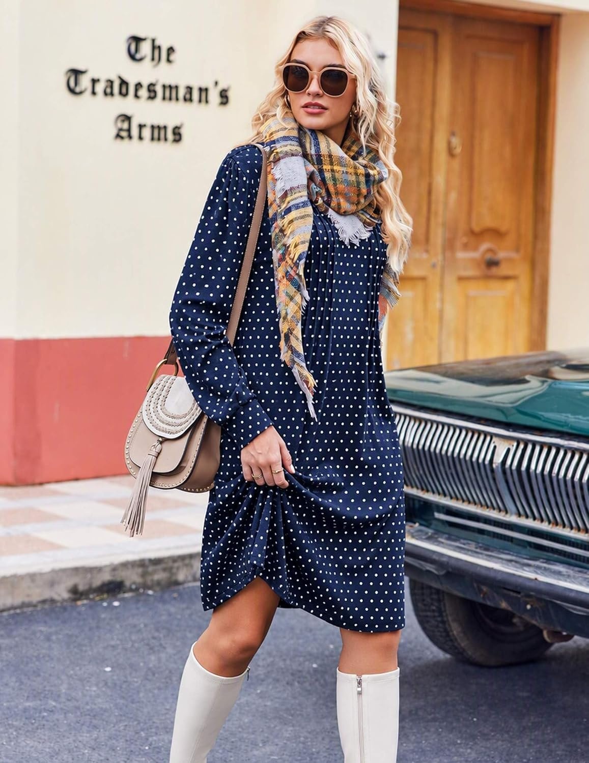 image:imageZeagoo Fall Dresses for Women Long Sleeve Casual Pleated V Neck Dress 2026 A Line Tunic DressC26 Navy Dot