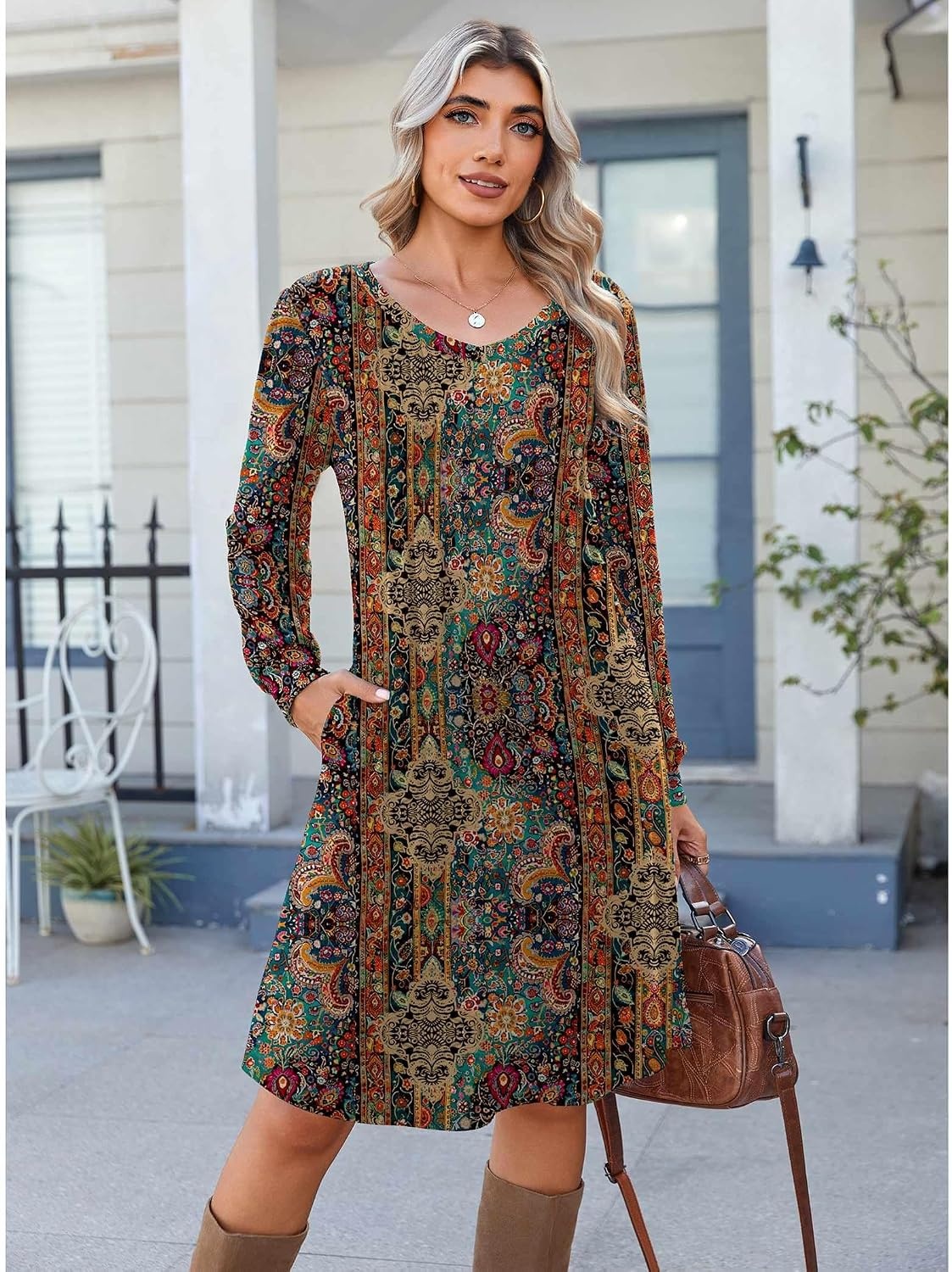 image:imageZeagoo Fall Dresses for Women Long Sleeve Casual Pleated V Neck Dress 2026 A Line Tunic DressChic Printed