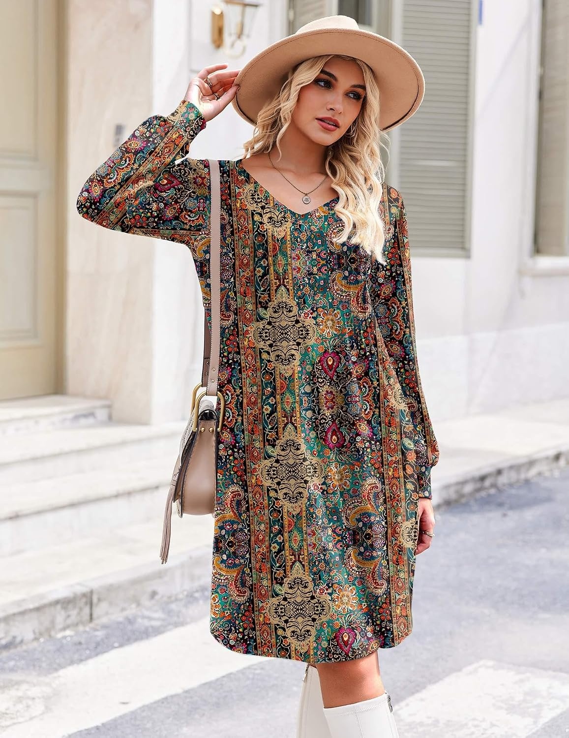 image:imageZeagoo Fall Dresses for Women Long Sleeve Casual Pleated V Neck Dress 2026 A Line Tunic DressChic Printed