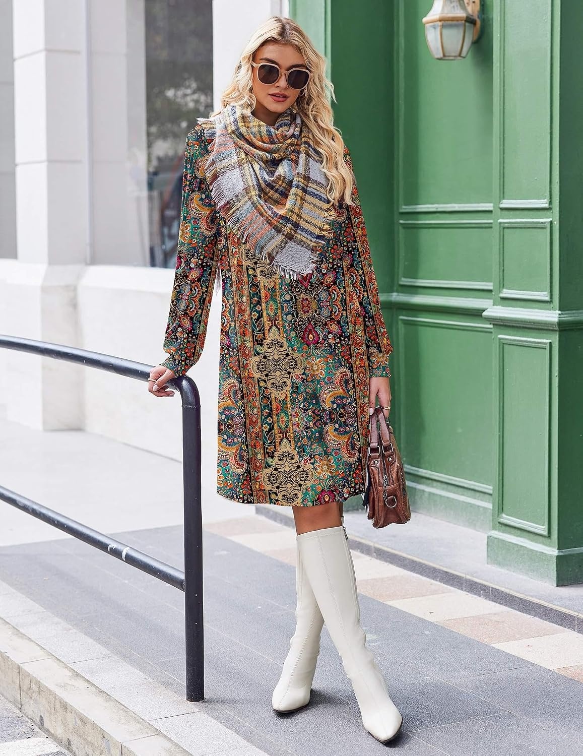 image:imageZeagoo Fall Dresses for Women Long Sleeve Casual Pleated V Neck Dress 2026 A Line Tunic DressChic Printed