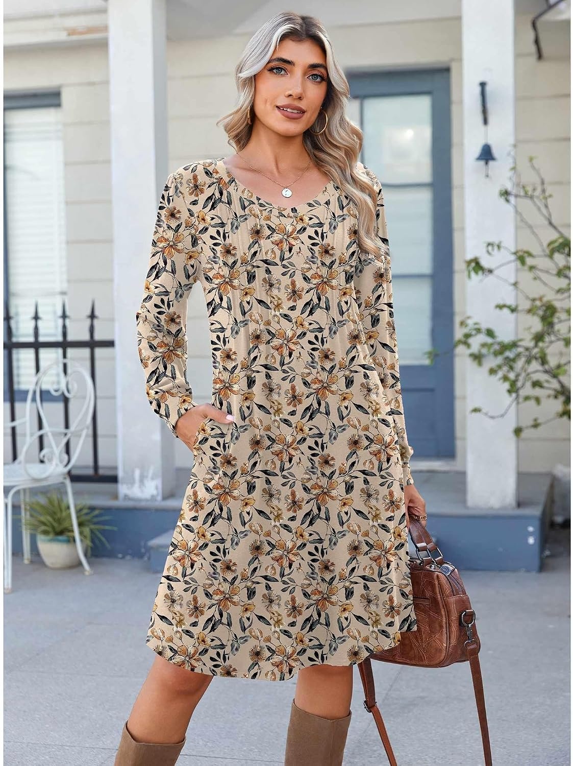 image:imageZeagoo Fall Dresses for Women Long Sleeve Casual Pleated V Neck Dress 2026 A Line Tunic DressLight Khaki Floral