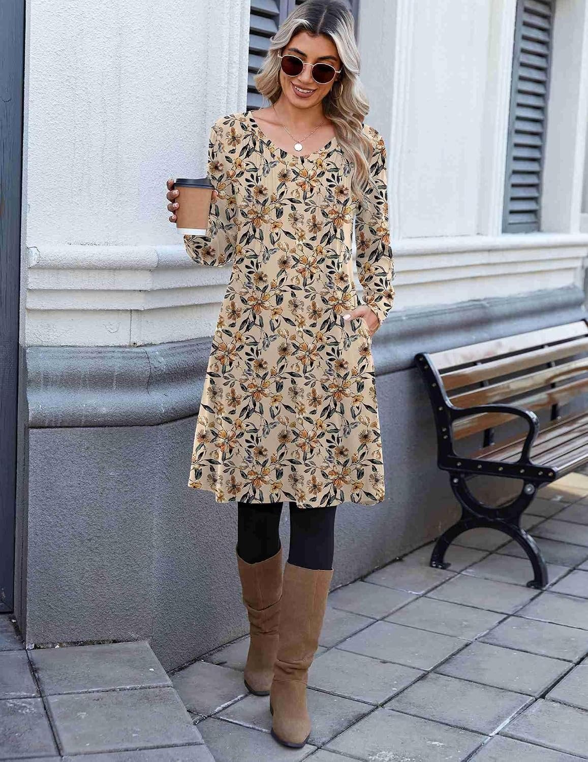 image:imageZeagoo Fall Dresses for Women Long Sleeve Casual Pleated V Neck Dress 2026 A Line Tunic DressLight Khaki Floral