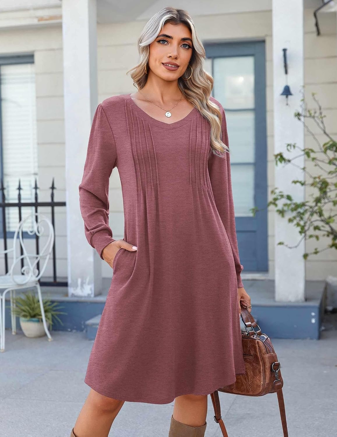 image:imageZeagoo Fall Dresses for Women Long Sleeve Casual Pleated V Neck Dress 2026 A Line Tunic DressMauve