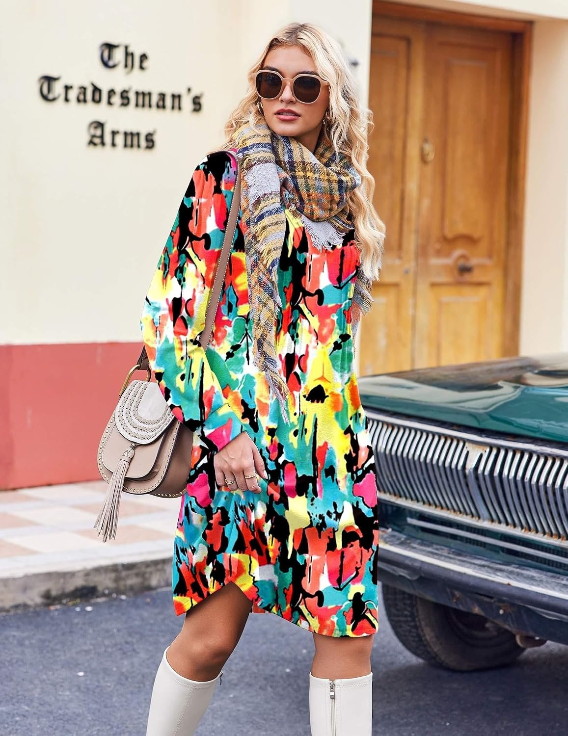 image:imageZeagoo Fall Dresses for Women Long Sleeve Casual Pleated V Neck Dress 2026 A Line Tunic DressMixed Printed