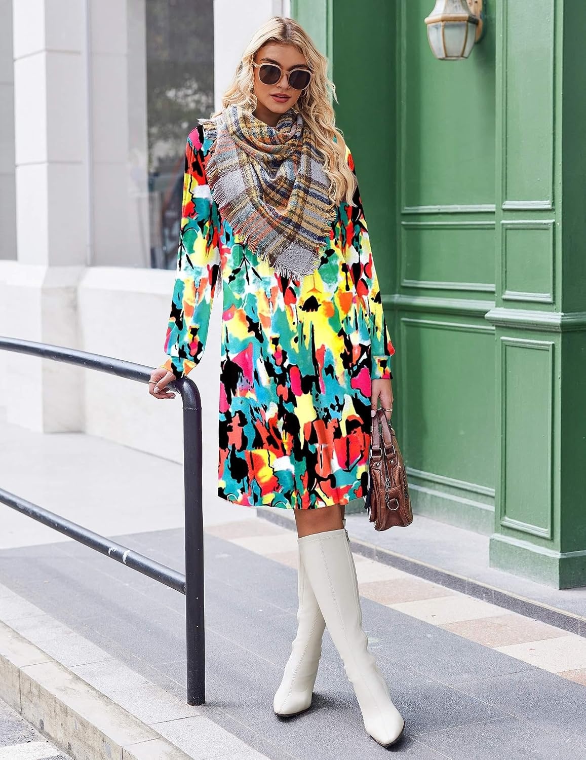 image:imageZeagoo Fall Dresses for Women Long Sleeve Casual Pleated V Neck Dress 2026 A Line Tunic DressMixed Printed
