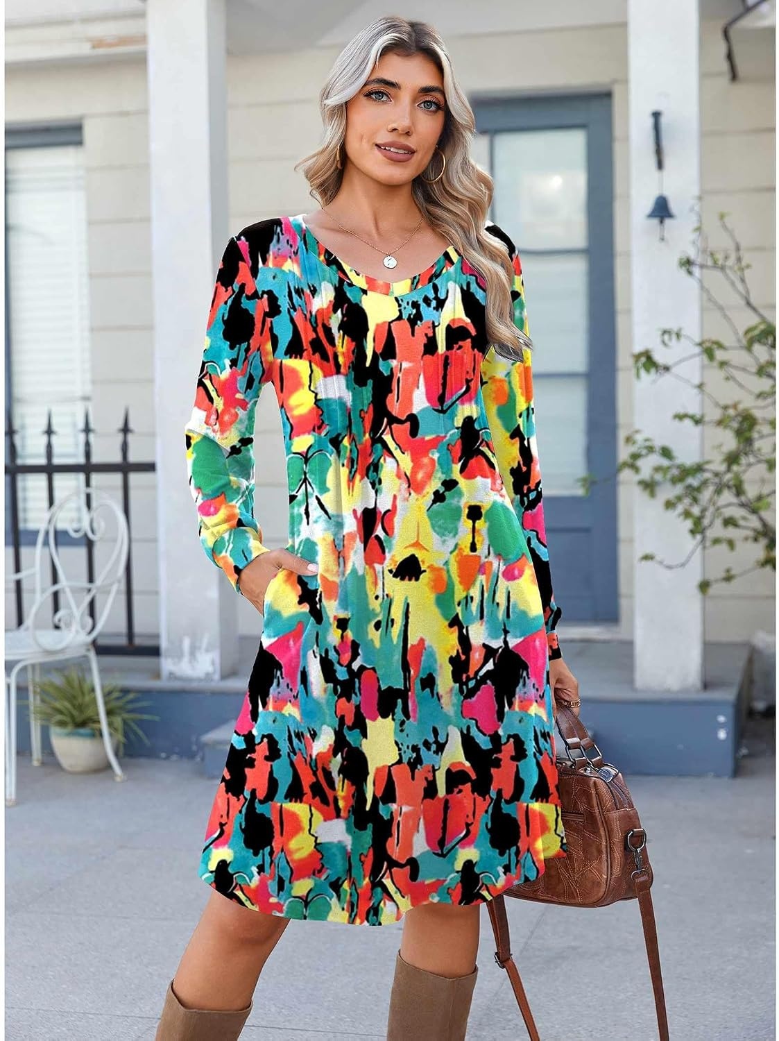 image:imageZeagoo Fall Dresses for Women Long Sleeve Casual Pleated V Neck Dress 2026 A Line Tunic DressMixed Printed