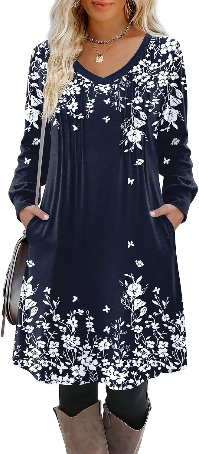 image:imageZeagoo Fall Dresses for Women Long Sleeve Casual Pleated V Neck Dress 2026 A Line Tunic DressNavy Printed