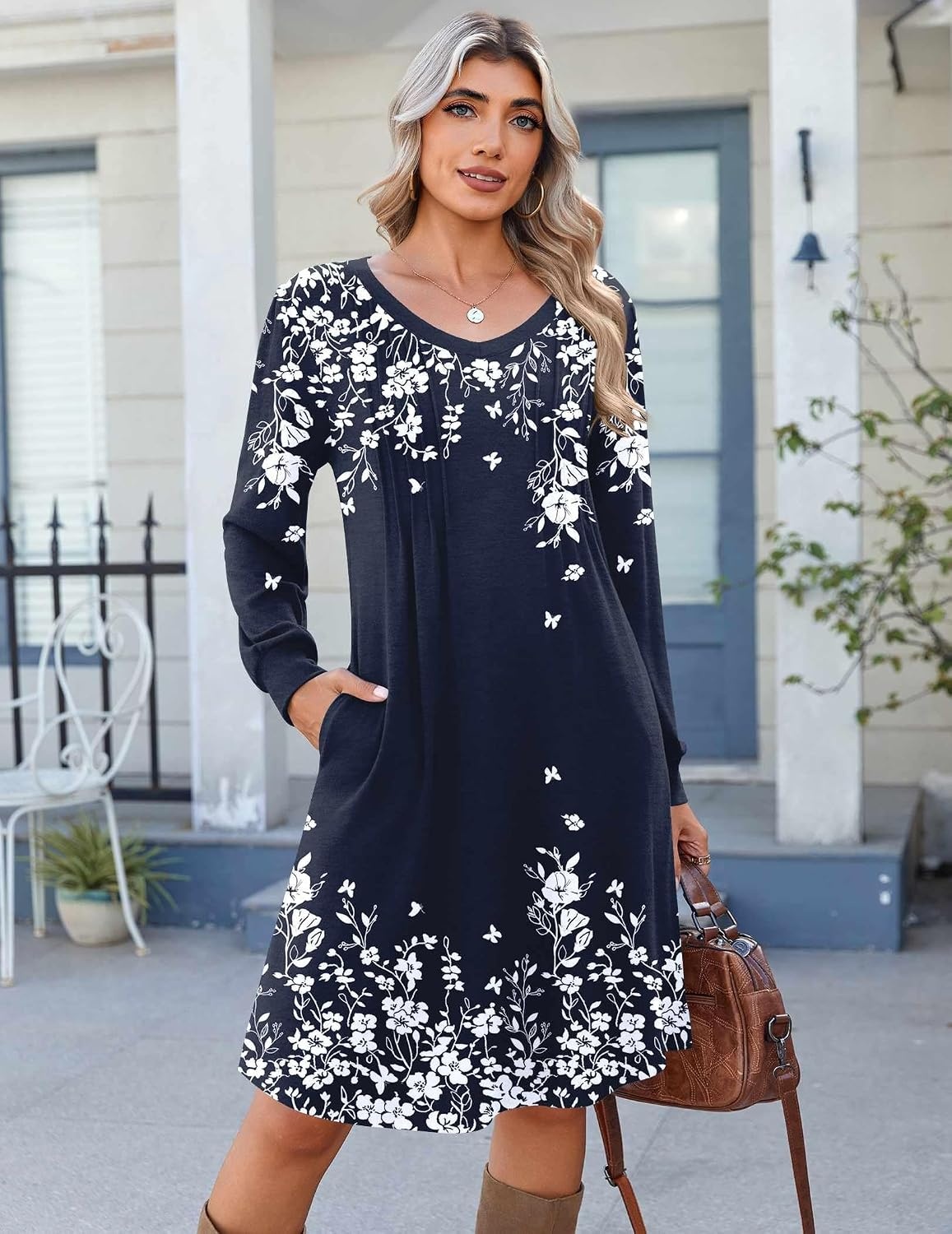 image:imageZeagoo Fall Dresses for Women Long Sleeve Casual Pleated V Neck Dress 2026 A Line Tunic DressNavy Printed