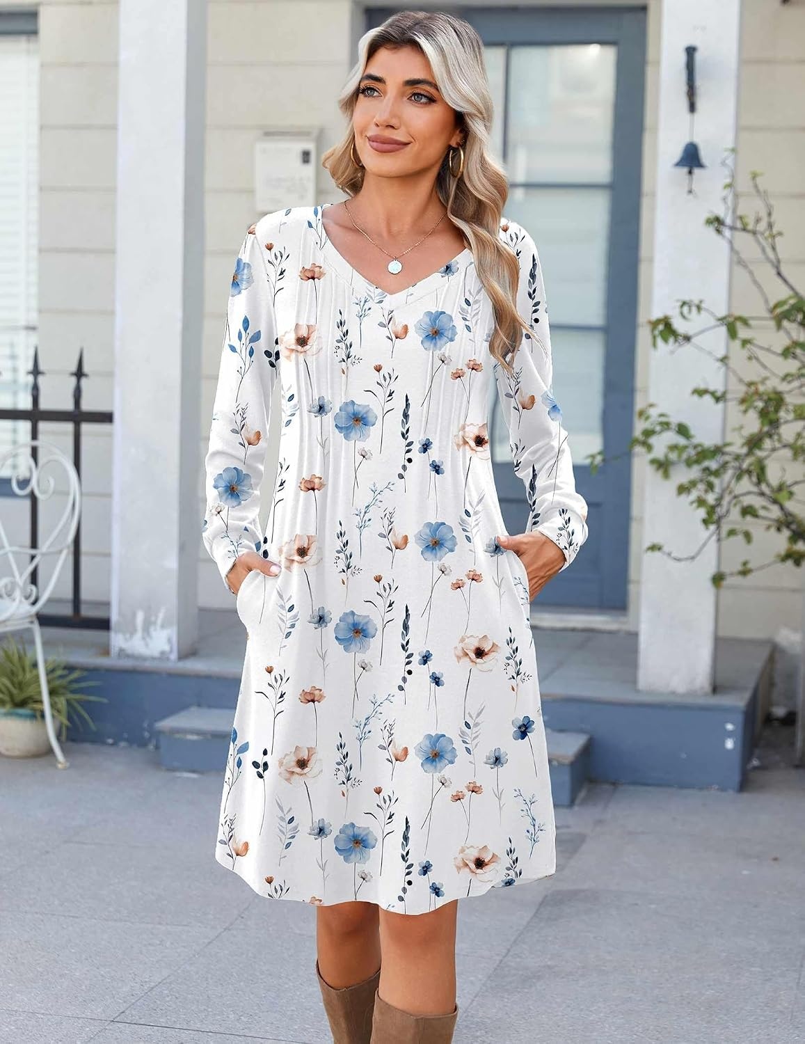 image:imageZeagoo Fall Dresses for Women Long Sleeve Casual Pleated V Neck Dress 2026 A Line Tunic DressWhite Floral