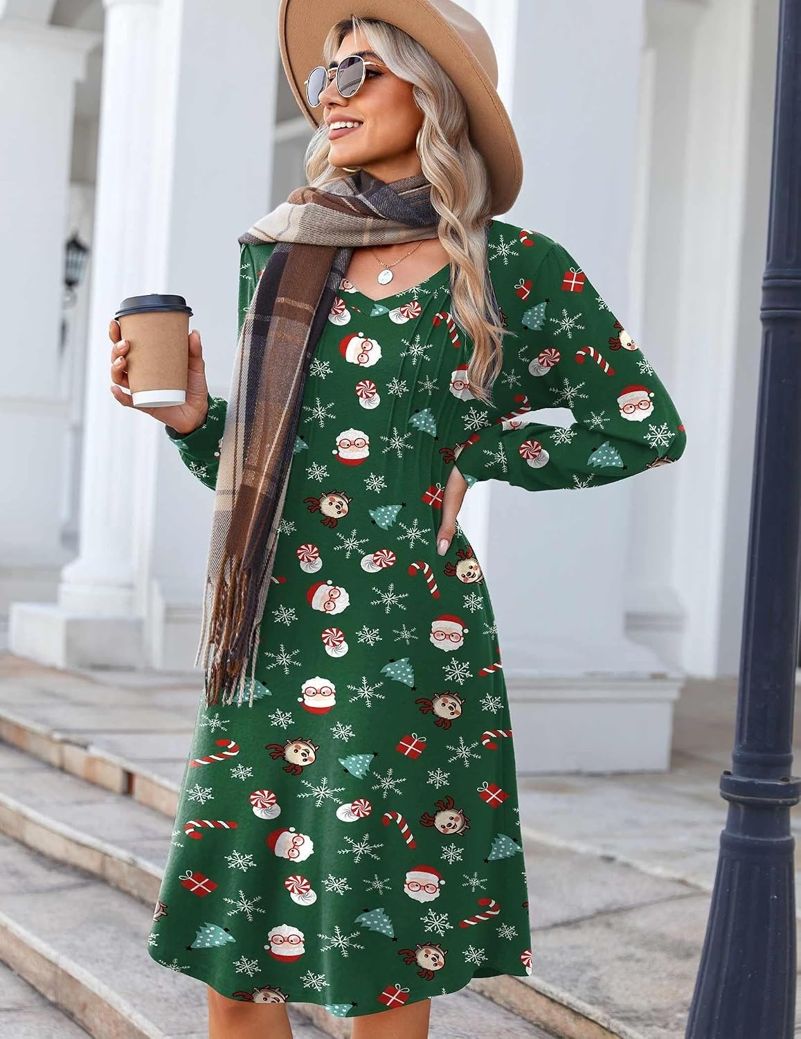 image:imageZeagoo Fall Dresses for Women Long Sleeve Casual Pleated V Neck Dress 2026 A Line Tunic DressXmas Green