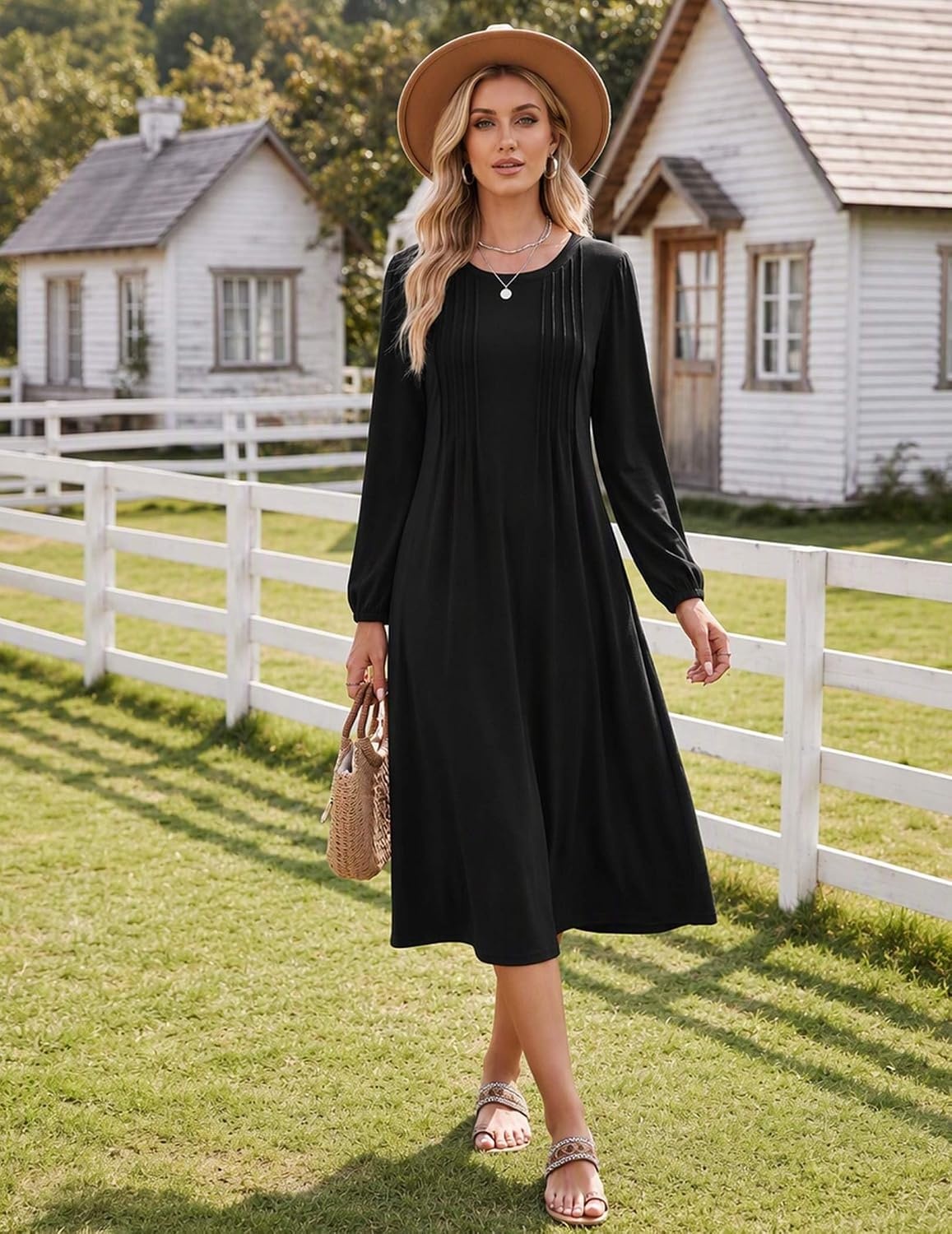 image:imageZeagoo Fall Dresses for Women Long Sleeve Midi Dress Casual A Line Dresses 2026 Pleated Flare Dress with PocketsAblack