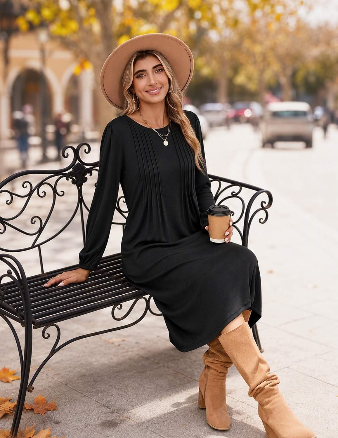 image:imageZeagoo Fall Dresses for Women Long Sleeve Midi Dress Casual A Line Dresses 2026 Pleated Flare Dress with PocketsAblack