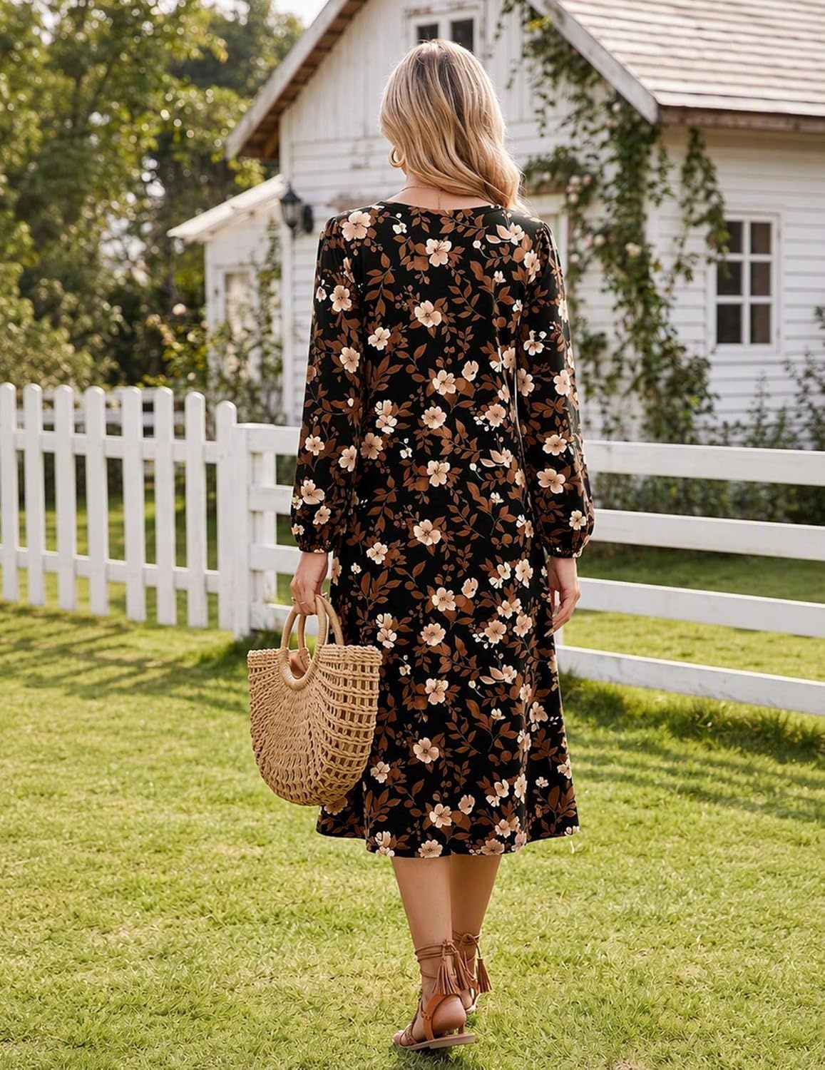 image:imageZeagoo Fall Dresses for Women Long Sleeve Midi Dress Casual A Line Dresses 2026 Pleated Flare Dress with PocketsAutumn Leaf Print