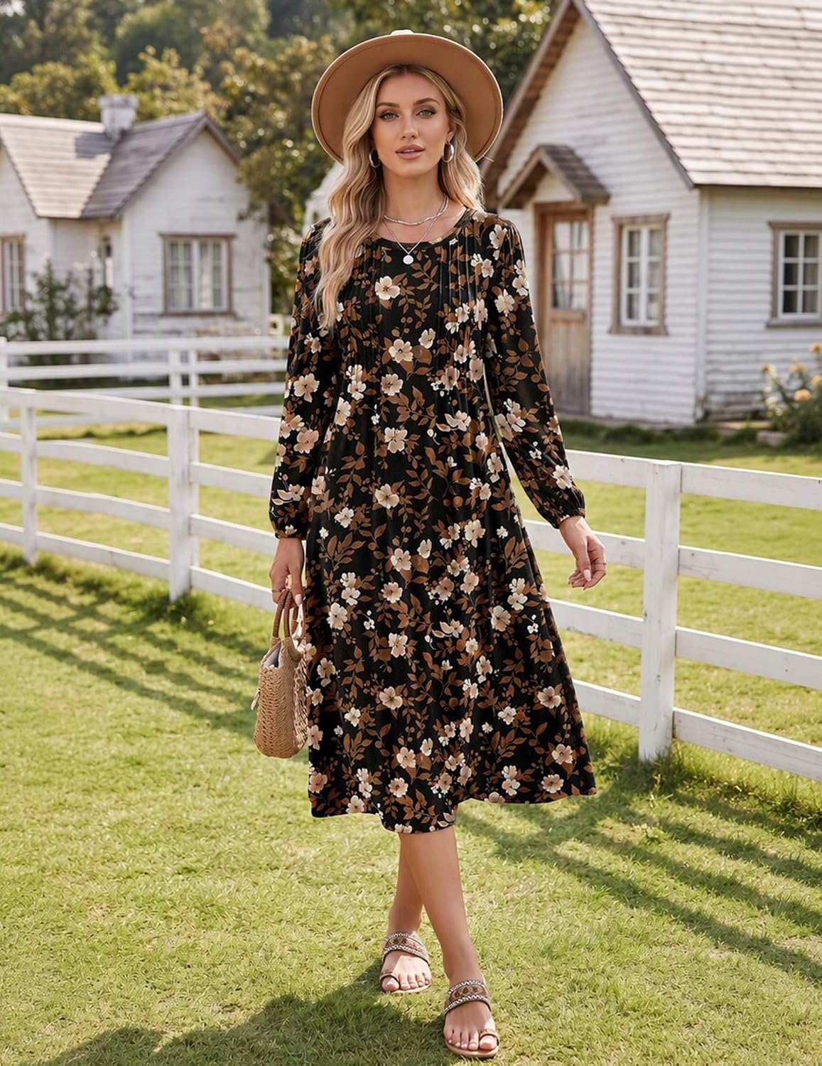 image:imageZeagoo Fall Dresses for Women Long Sleeve Midi Dress Casual A Line Dresses 2026 Pleated Flare Dress with PocketsAutumn Leaf Print