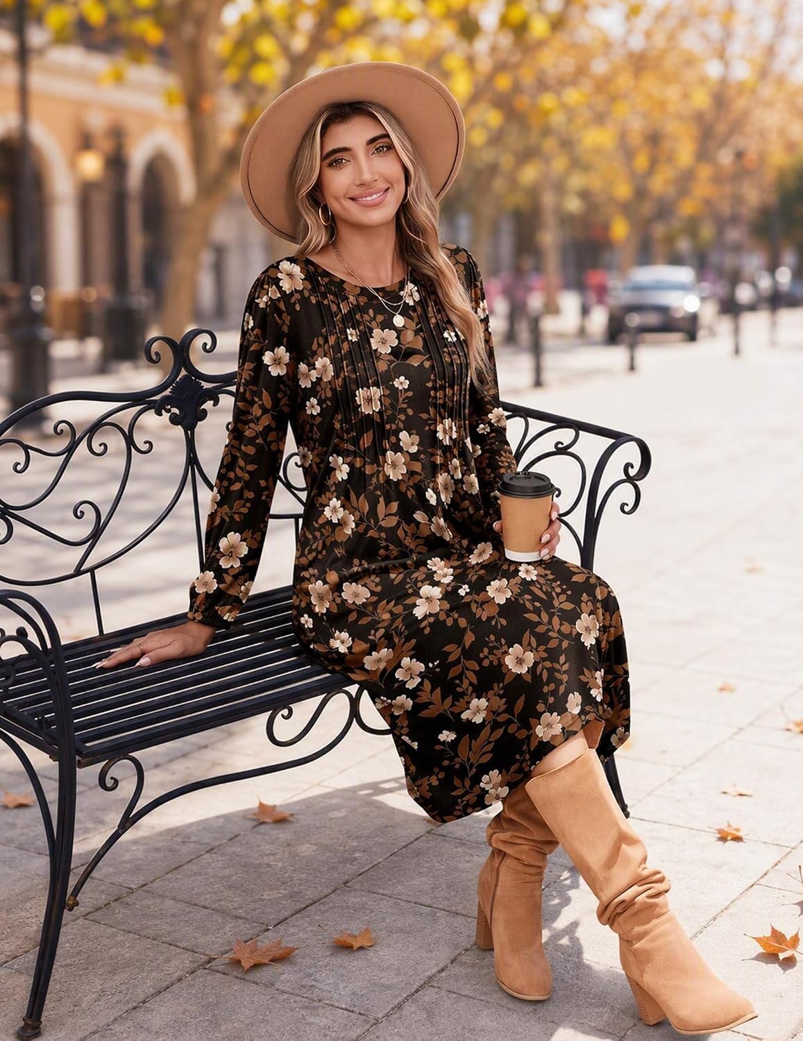 image:imageZeagoo Fall Dresses for Women Long Sleeve Midi Dress Casual A Line Dresses 2026 Pleated Flare Dress with PocketsAutumn Leaf Print