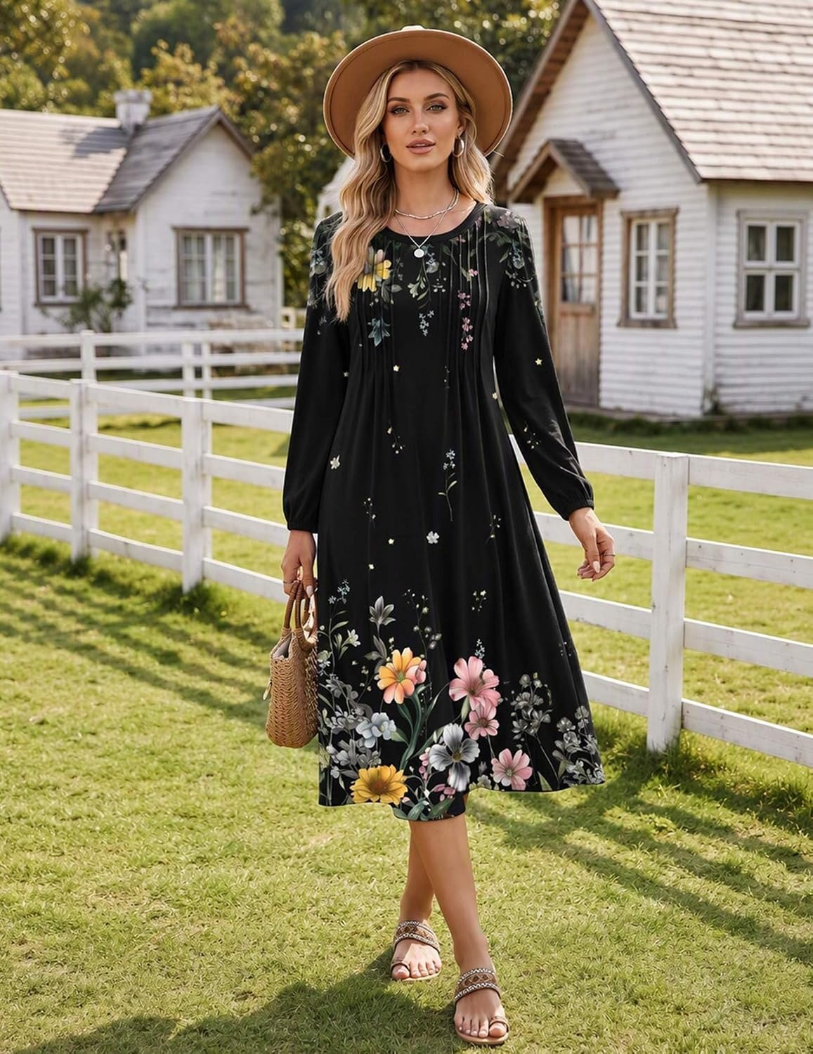 image:imageZeagoo Fall Dresses for Women Long Sleeve Midi Dress Casual A Line Dresses 2026 Pleated Flare Dress with PocketsBlack Floral 01