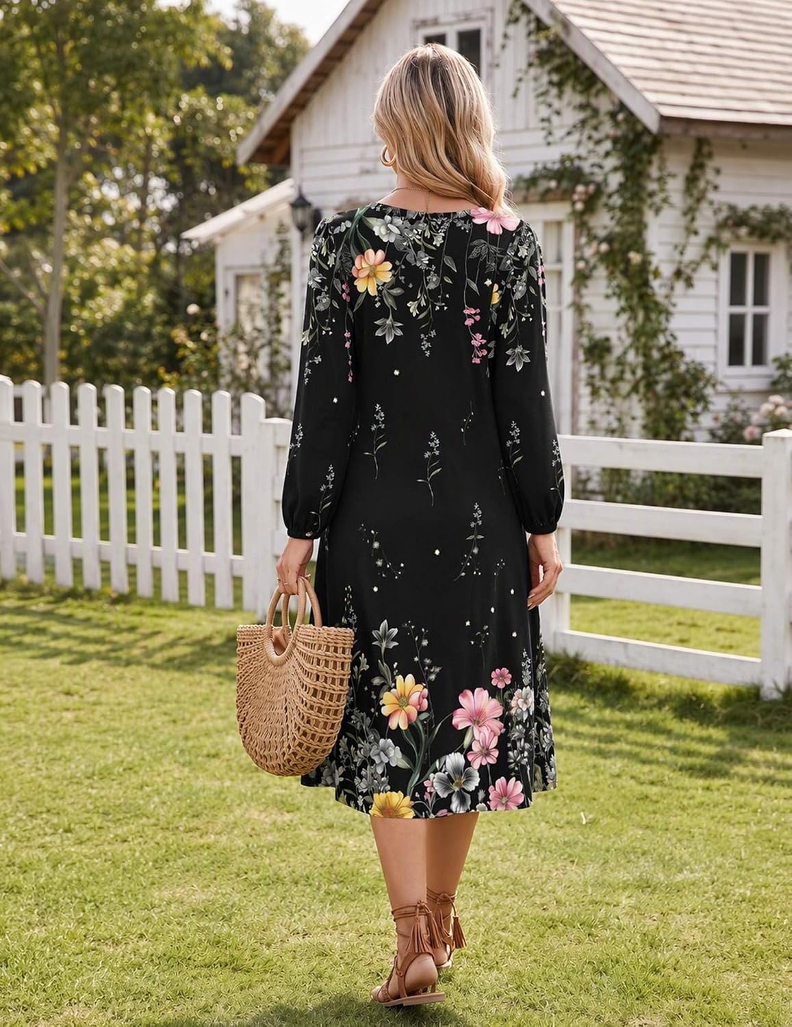 image:imageZeagoo Fall Dresses for Women Long Sleeve Midi Dress Casual A Line Dresses 2026 Pleated Flare Dress with PocketsBlack Floral 01
