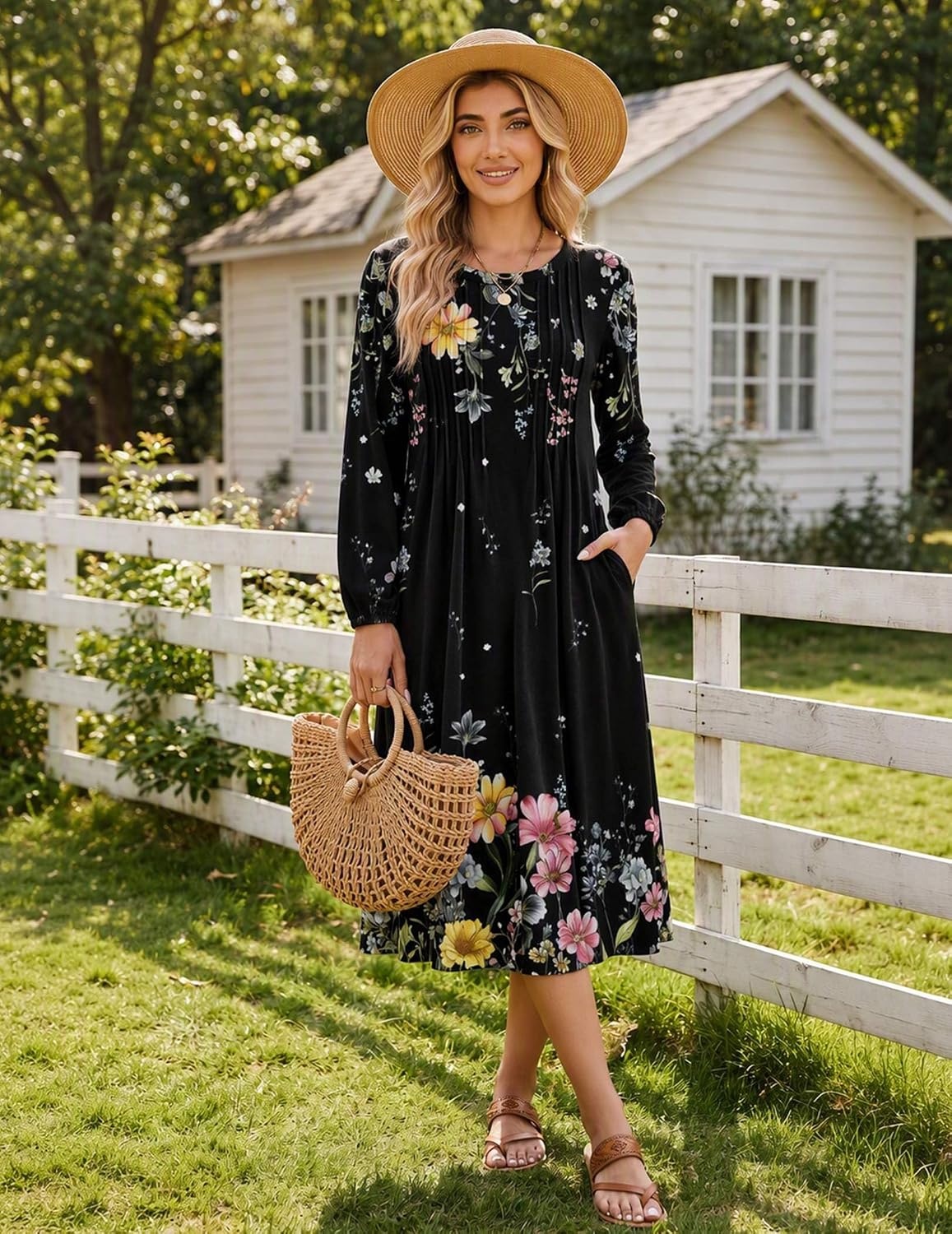 image:imageZeagoo Fall Dresses for Women Long Sleeve Midi Dress Casual A Line Dresses 2026 Pleated Flare Dress with PocketsBlack Floral 01