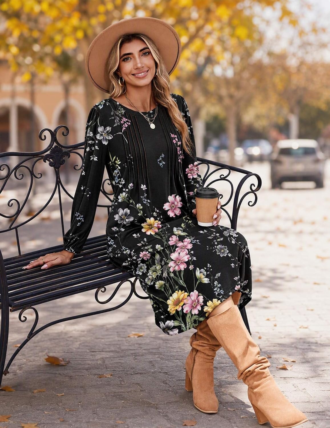 image:imageZeagoo Fall Dresses for Women Long Sleeve Midi Dress Casual A Line Dresses 2026 Pleated Flare Dress with PocketsBlack Floral 01