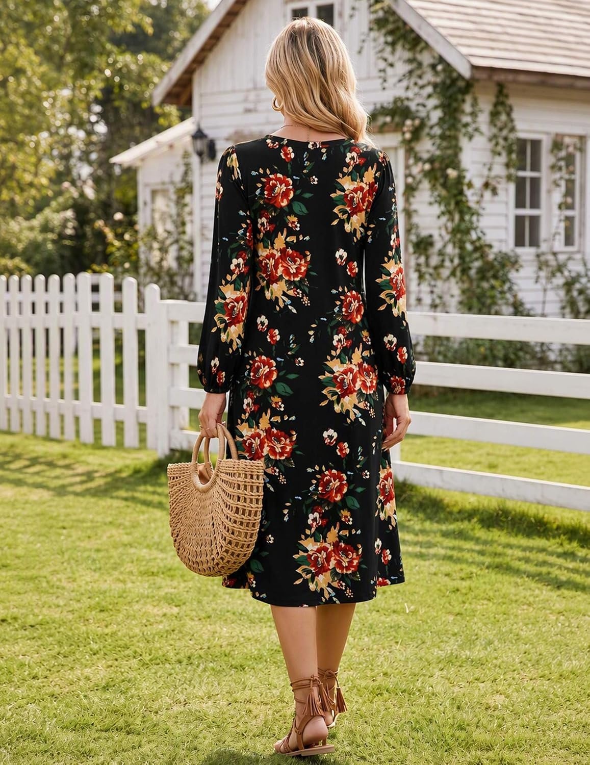 image:imageZeagoo Fall Dresses for Women Long Sleeve Midi Dress Casual A Line Dresses 2026 Pleated Flare Dress with PocketsBlack Floral 02
