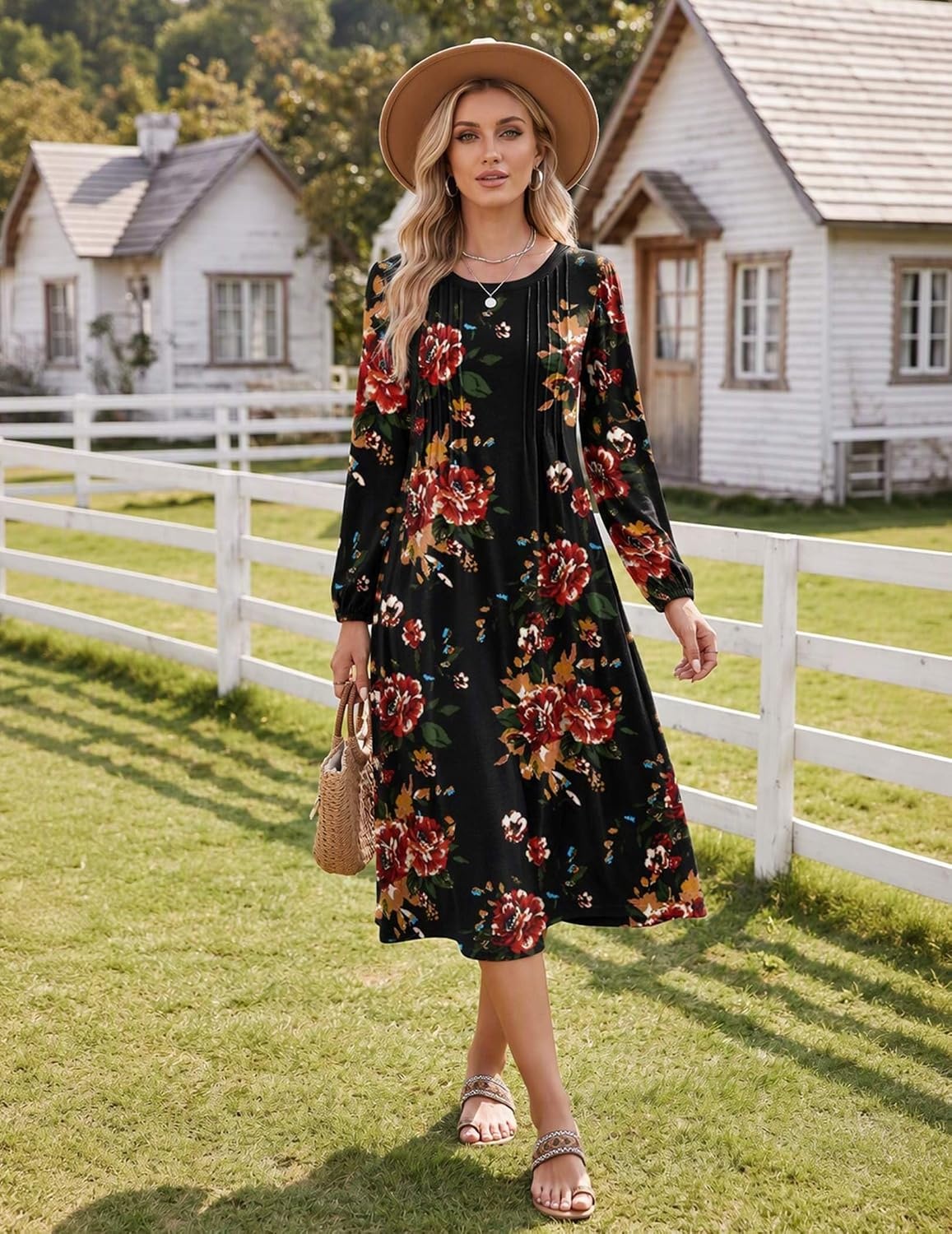 image:imageZeagoo Fall Dresses for Women Long Sleeve Midi Dress Casual A Line Dresses 2026 Pleated Flare Dress with PocketsBlack Floral 02