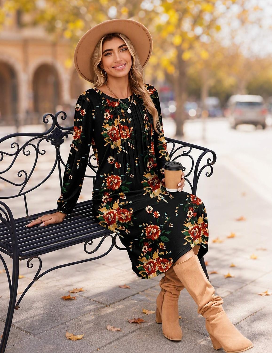 image:imageZeagoo Fall Dresses for Women Long Sleeve Midi Dress Casual A Line Dresses 2026 Pleated Flare Dress with PocketsBlack Floral 02