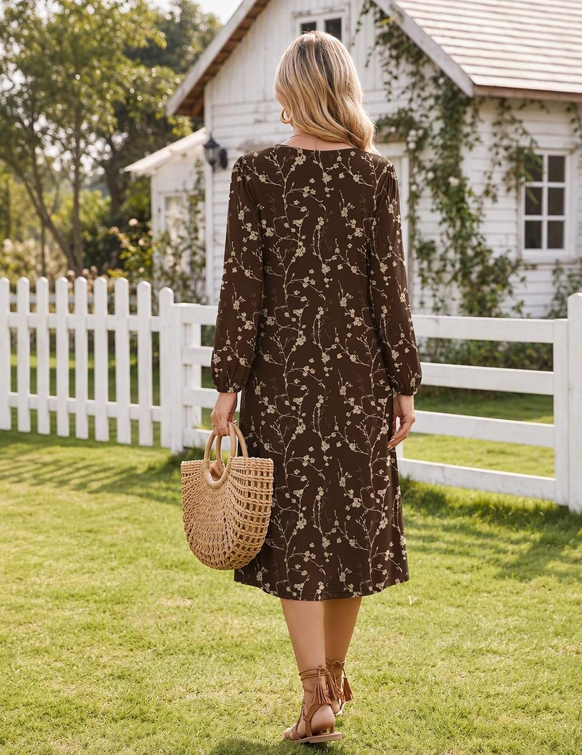 image:imageZeagoo Fall Dresses for Women Long Sleeve Midi Dress Casual A Line Dresses 2026 Pleated Flare Dress with PocketsBrown Floral