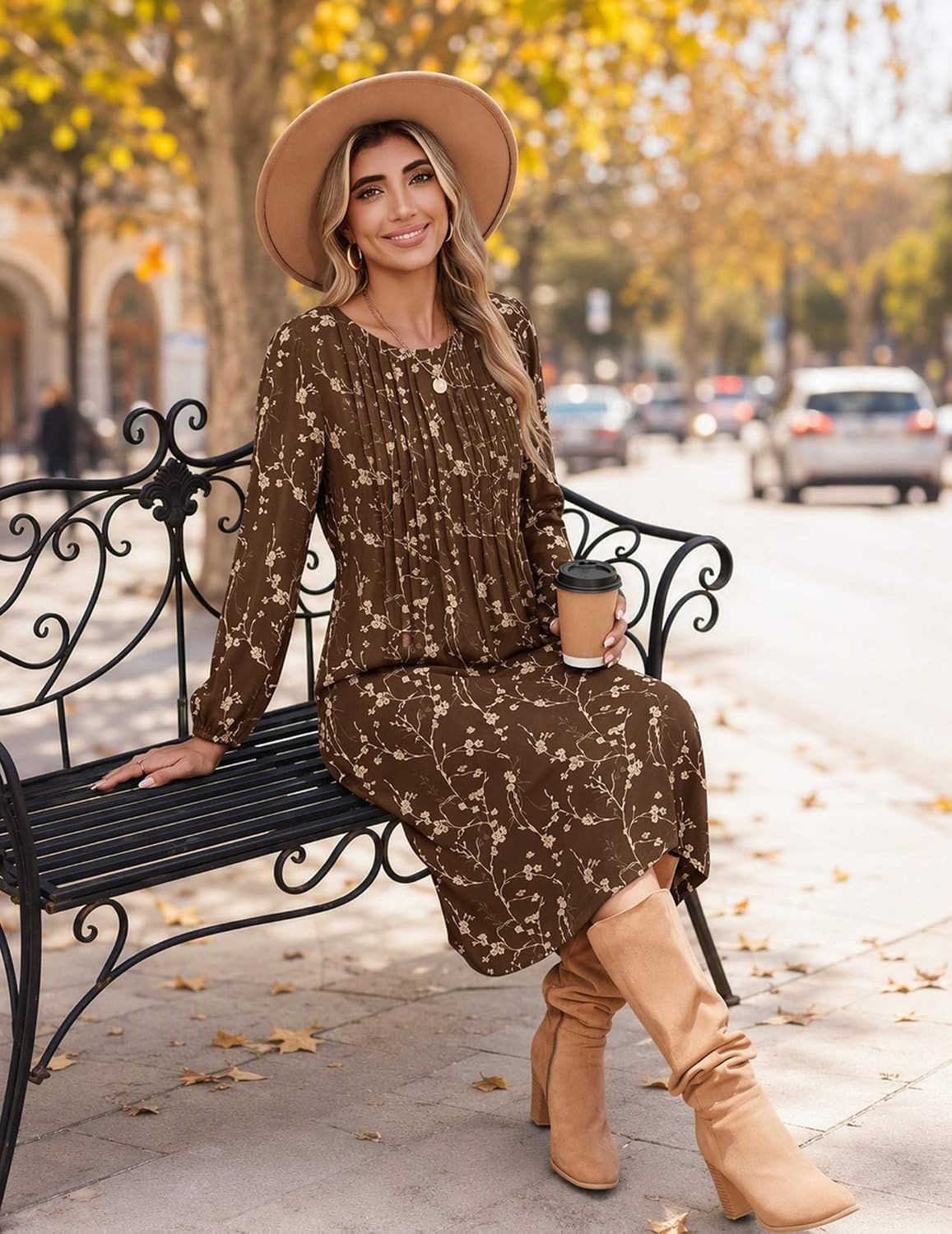 image:imageZeagoo Fall Dresses for Women Long Sleeve Midi Dress Casual A Line Dresses 2026 Pleated Flare Dress with PocketsBrown Floral
