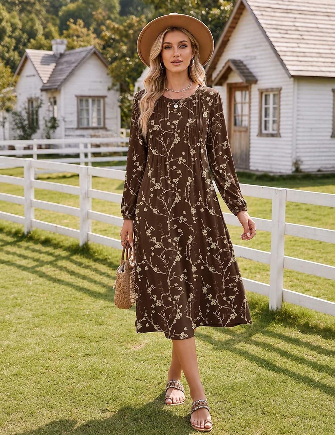 image:imageZeagoo Fall Dresses for Women Long Sleeve Midi Dress Casual A Line Dresses 2026 Pleated Flare Dress with PocketsBrown Floral
