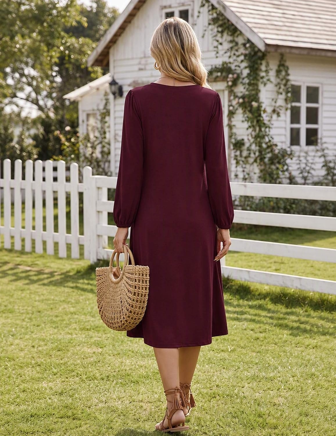 image:imageZeagoo Fall Dresses for Women Long Sleeve Midi Dress Casual A Line Dresses 2026 Pleated Flare Dress with PocketsBurgundy