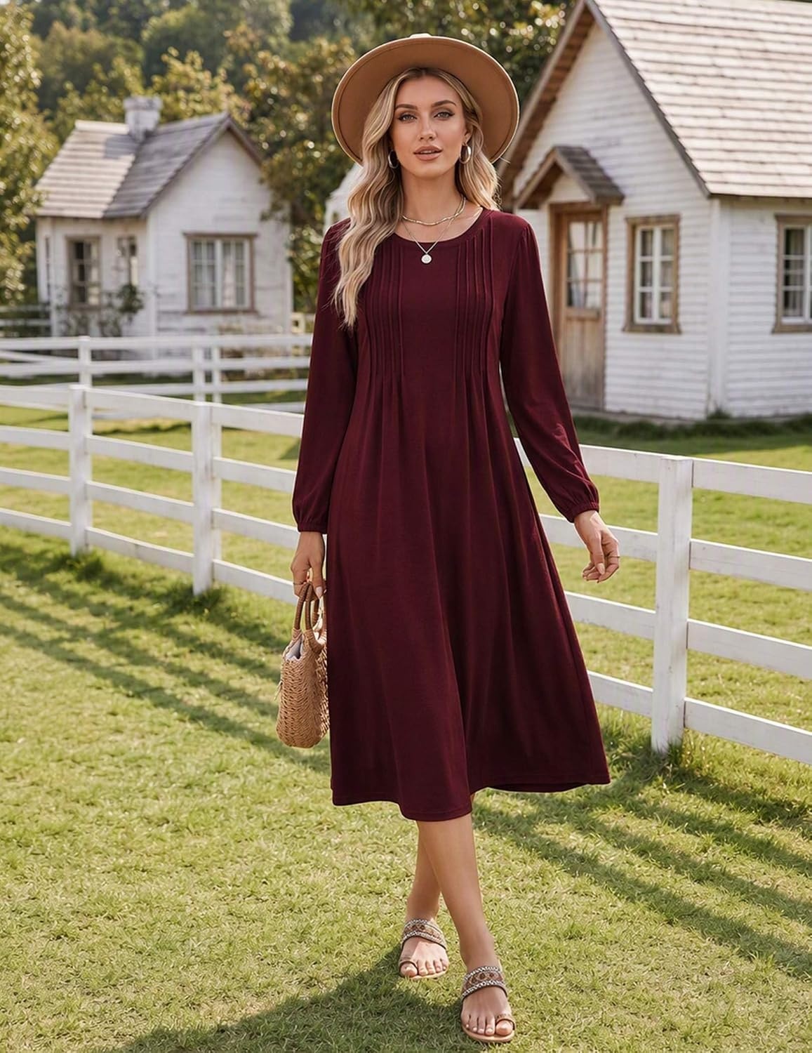 image:imageZeagoo Fall Dresses for Women Long Sleeve Midi Dress Casual A Line Dresses 2026 Pleated Flare Dress with PocketsBurgundy