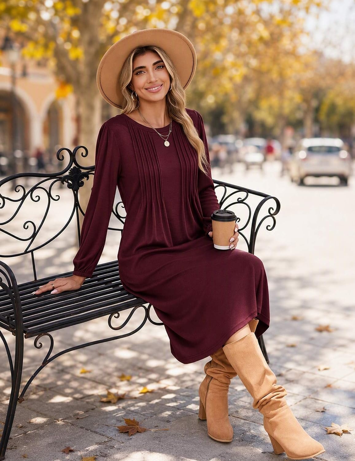 image:imageZeagoo Fall Dresses for Women Long Sleeve Midi Dress Casual A Line Dresses 2026 Pleated Flare Dress with PocketsBurgundy