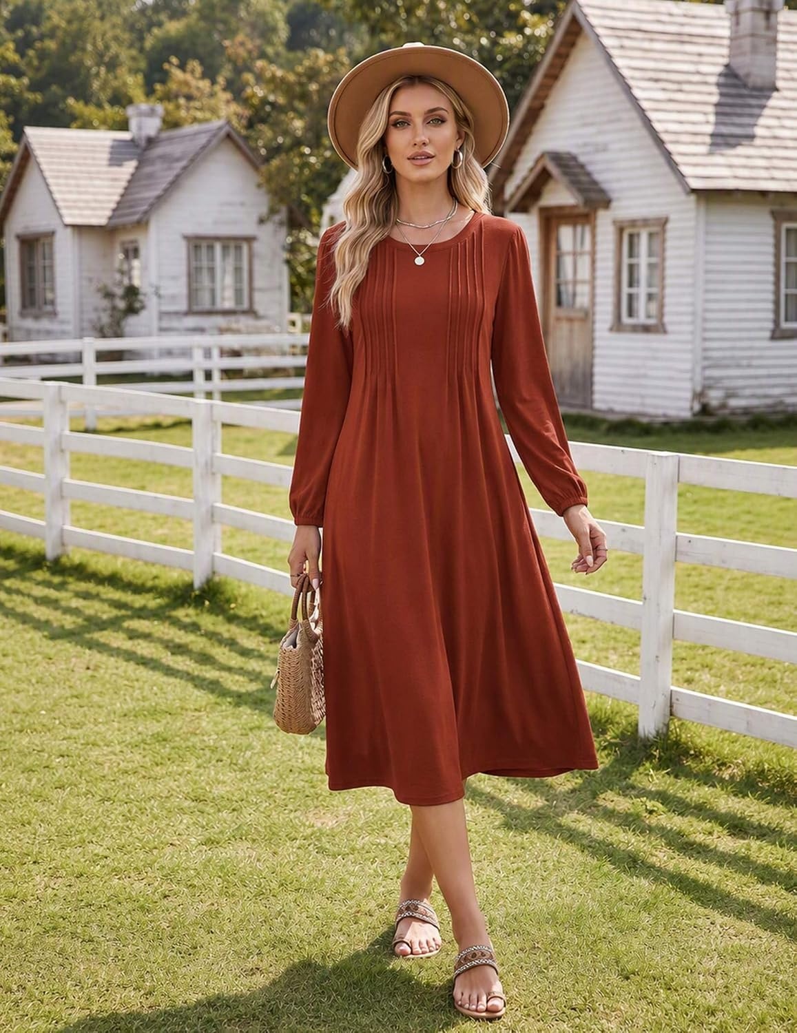 image:imageZeagoo Fall Dresses for Women Long Sleeve Midi Dress Casual A Line Dresses 2026 Pleated Flare Dress with PocketsCaramel