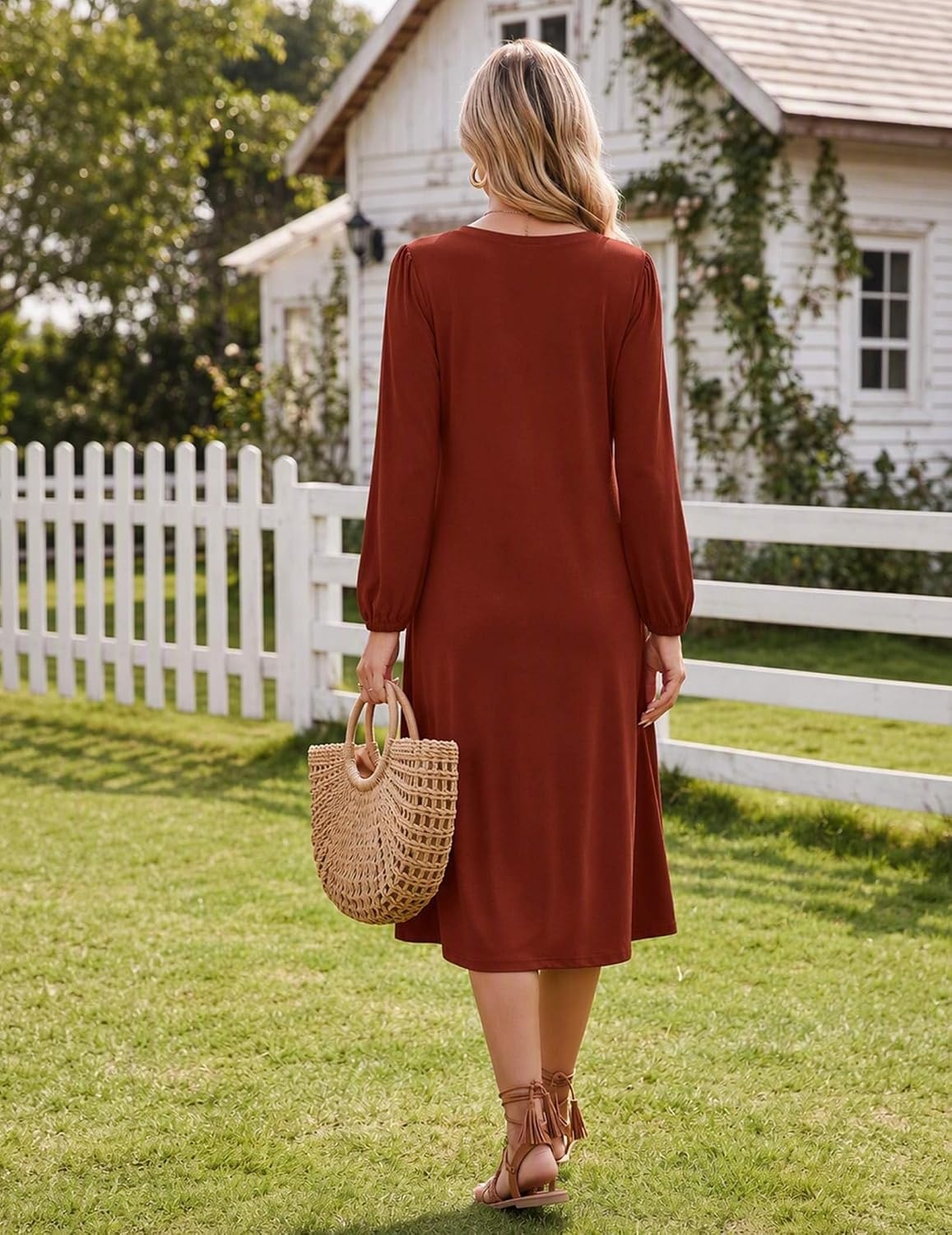 image:imageZeagoo Fall Dresses for Women Long Sleeve Midi Dress Casual A Line Dresses 2026 Pleated Flare Dress with PocketsCaramel