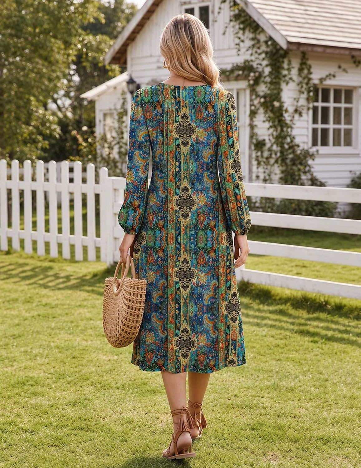 image:imageZeagoo Fall Dresses for Women Long Sleeve Midi Dress Casual A Line Dresses 2026 Pleated Flare Dress with PocketsChic Blue Printed
