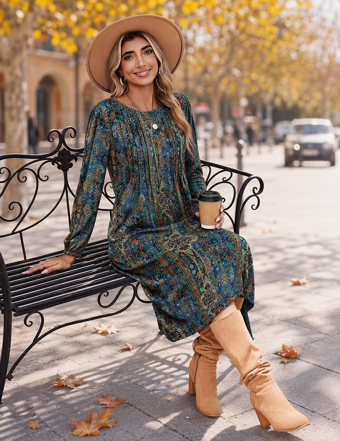 image:imageZeagoo Fall Dresses for Women Long Sleeve Midi Dress Casual A Line Dresses 2026 Pleated Flare Dress with PocketsChic Blue Printed