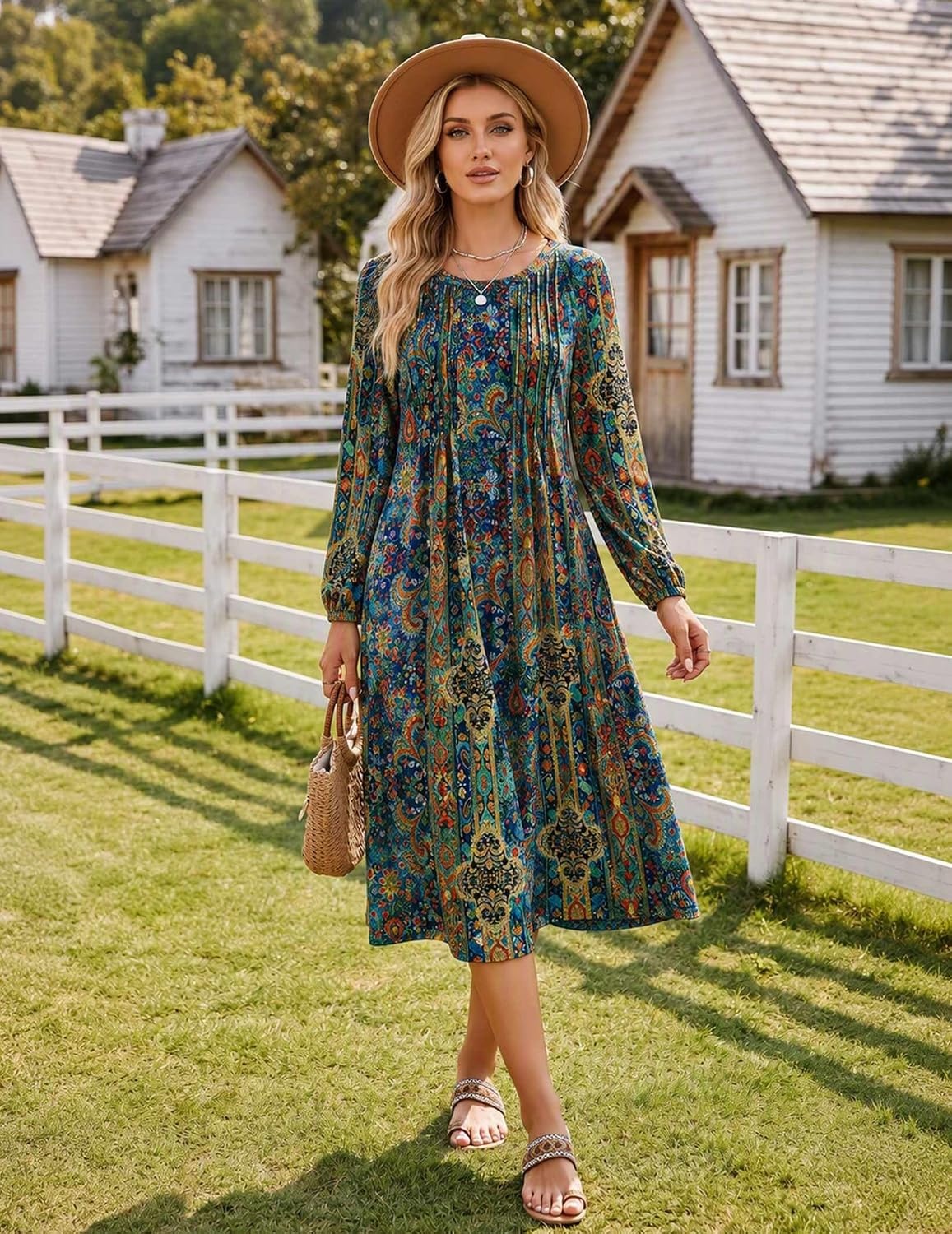 image:imageZeagoo Fall Dresses for Women Long Sleeve Midi Dress Casual A Line Dresses 2026 Pleated Flare Dress with PocketsChic Blue Printed
