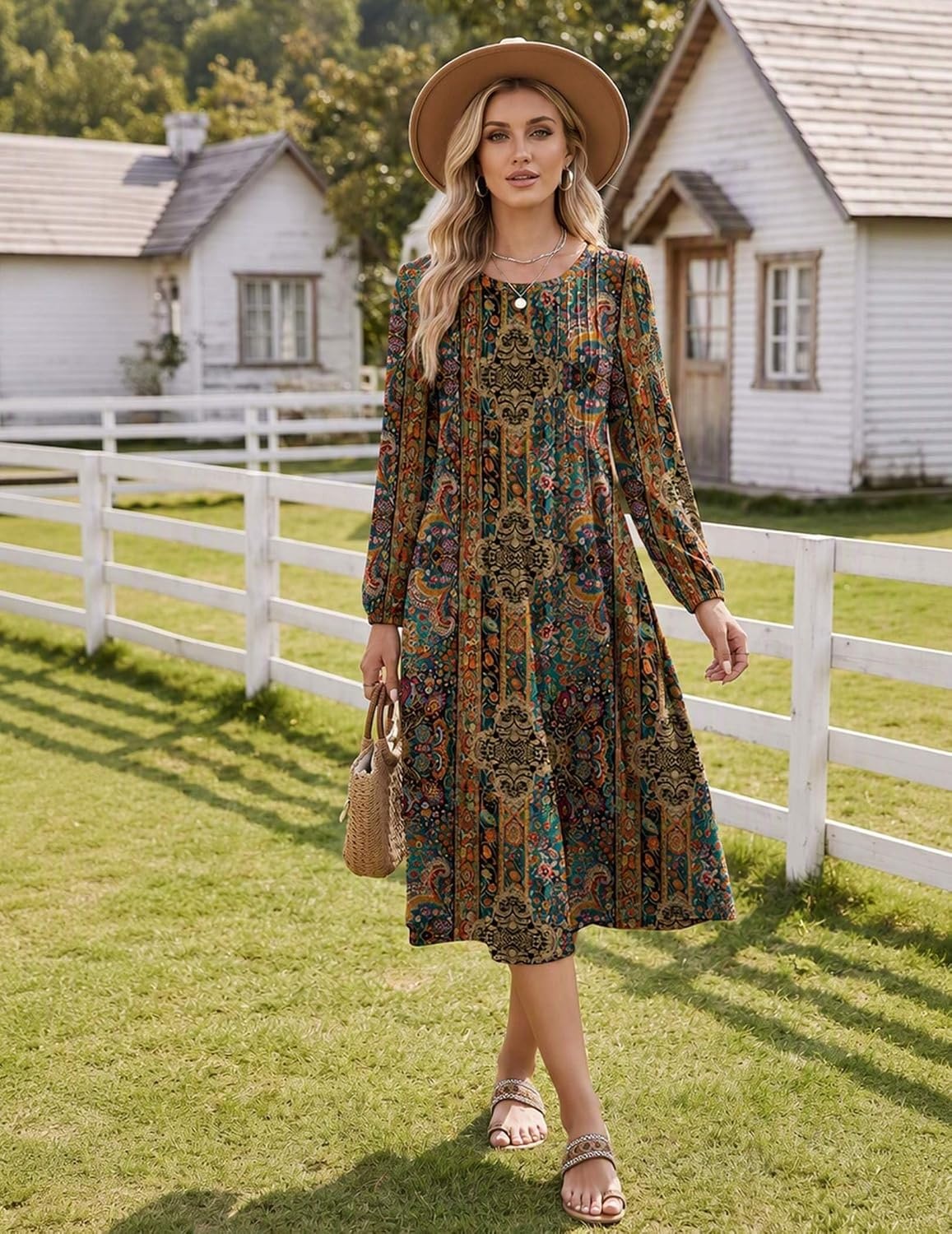 image:imageZeagoo Fall Dresses for Women Long Sleeve Midi Dress Casual A Line Dresses 2026 Pleated Flare Dress with PocketsChic Brown Printed